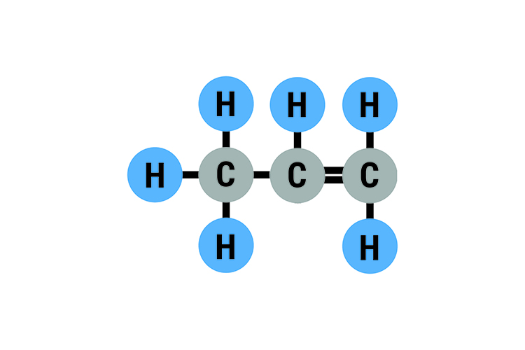 Propene has 3 carbon atoms with 6 hydrogen atoms bonded to it